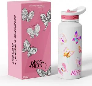 Fashionable and cute sports water bottle, durable insulation design with straw cap and butterfly decoration, suitable for women's reusable stainless steel water bottle, leak-proof and BPA-free, capacity 32 ounces, butterfly pattern multi-scene use