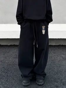 Trendy Street Style Drawstring Fitted Sweatpants, Cute Bear Print, Casual Fashion, Comfortable Fit, All Occasion Versatile Pants