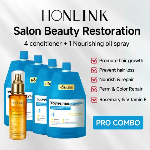 HONLINK Salon Beauty Restoration – 4 Polypeptide Keratin Repair Cream + 1 Hair Oil Spray | Advanced herbal formula for damaged and thinning hair | 250ml + 90ml