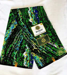 Premium Cotton Kitenge – Abstract Patterns in Green, Blue, Yellow, and White on Black, 6 Yards Authentic African Cotton