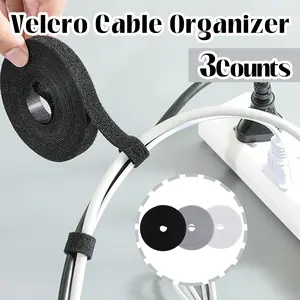 3 Counts Reusable Fastening Tape Cable Ties, Double Side Hook Roll reusable for multiple times,Grey&Black&White