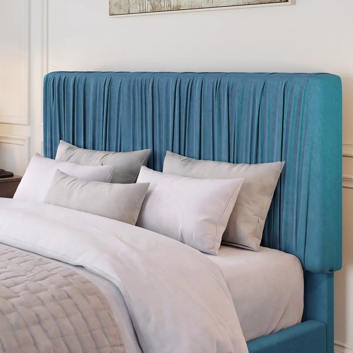 SHA CERLIN Upholstered Platform Bed Frame with Handcrafted Pleated Headboard, Adjustable Headboard, Low Profile Velvet Bed Frame, No Box Spring Needed, Queen Bed Frame