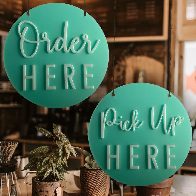 Order Here Pickup Here Sign | Semi Transparent Aqua Acrylic Cafe Decor | Custom Restaurant Bakery Ice Cream Food Truck Display | 12x12"