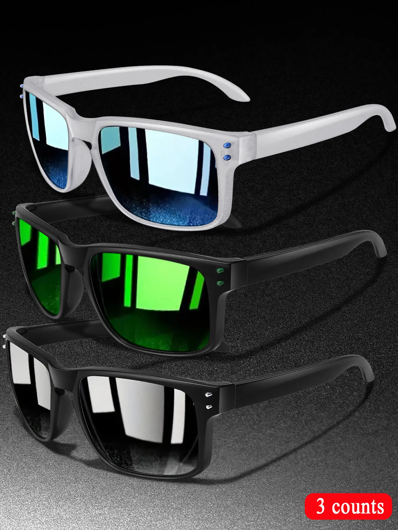 3-Piece Fashion Polarized Sports Outdoor Sunglasses Set, Unisex Cycling Hiking Eyewear, Classic Square Frame + Polarized Lenses, Daily Accessories, Summer Sports Sunglasses