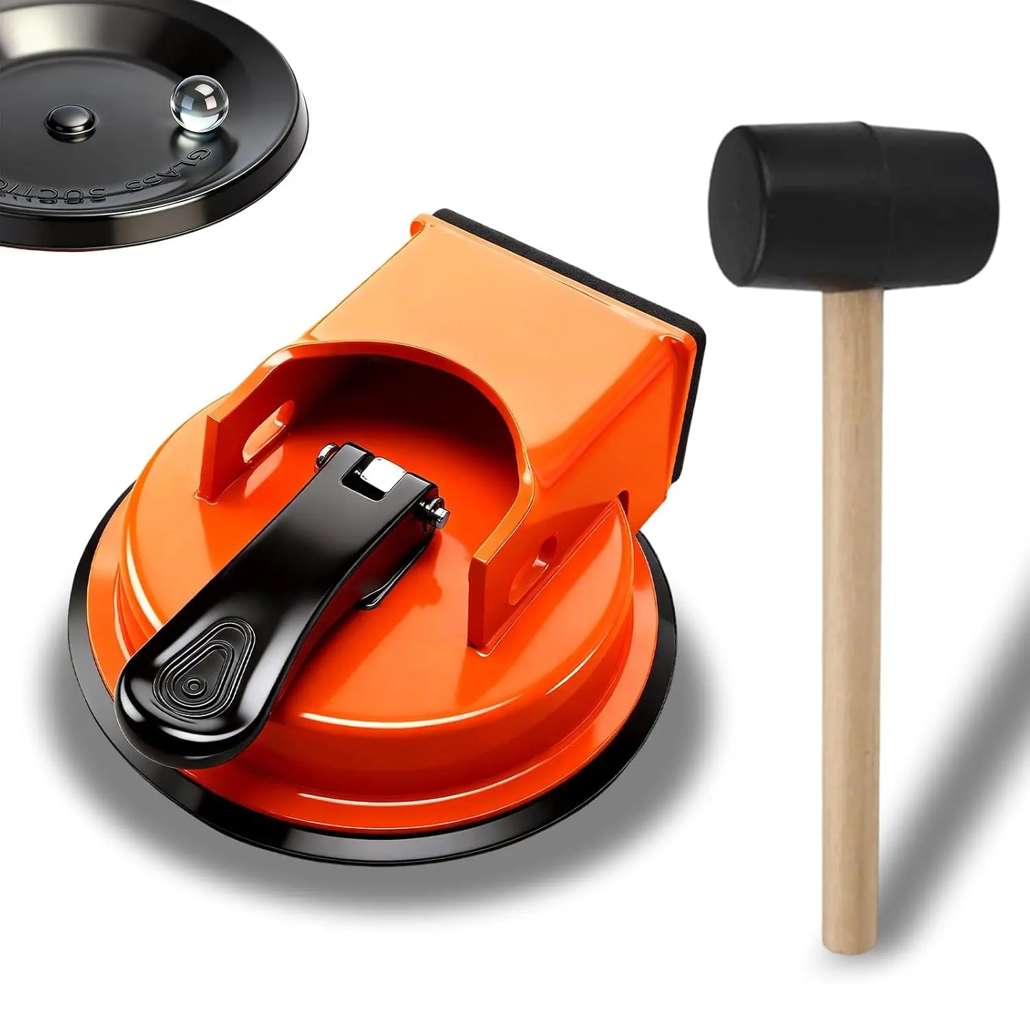 Heavy-Duty Alloy & Rubber Tile Leveling Suction Cup Hand Tool Set - 1 Solid Rubber Mallet, 6 Reusable Tile Leveling Spacers, Cast Aluminum Height Adjuster, No Scratches, for DIY Home Renovation DIY Enthusiasts Wall Floor Installation, Cast Aluminum Alloy,