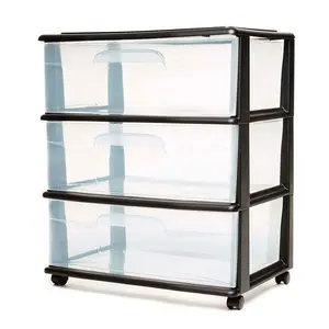 Homz Tall Solid Plastic 3 Drawer Medium Storage Cart with Caster Wheels, Black