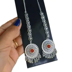 Women's Gold Plated Godawari Earrings, Ornate Design with Intricate Jewelry Design, Red Gemstone Centerpiece, Gold Accents, Fashionable Gemstone Charm Earrings, Unique Design Earrings, Ornate Gold Earrings