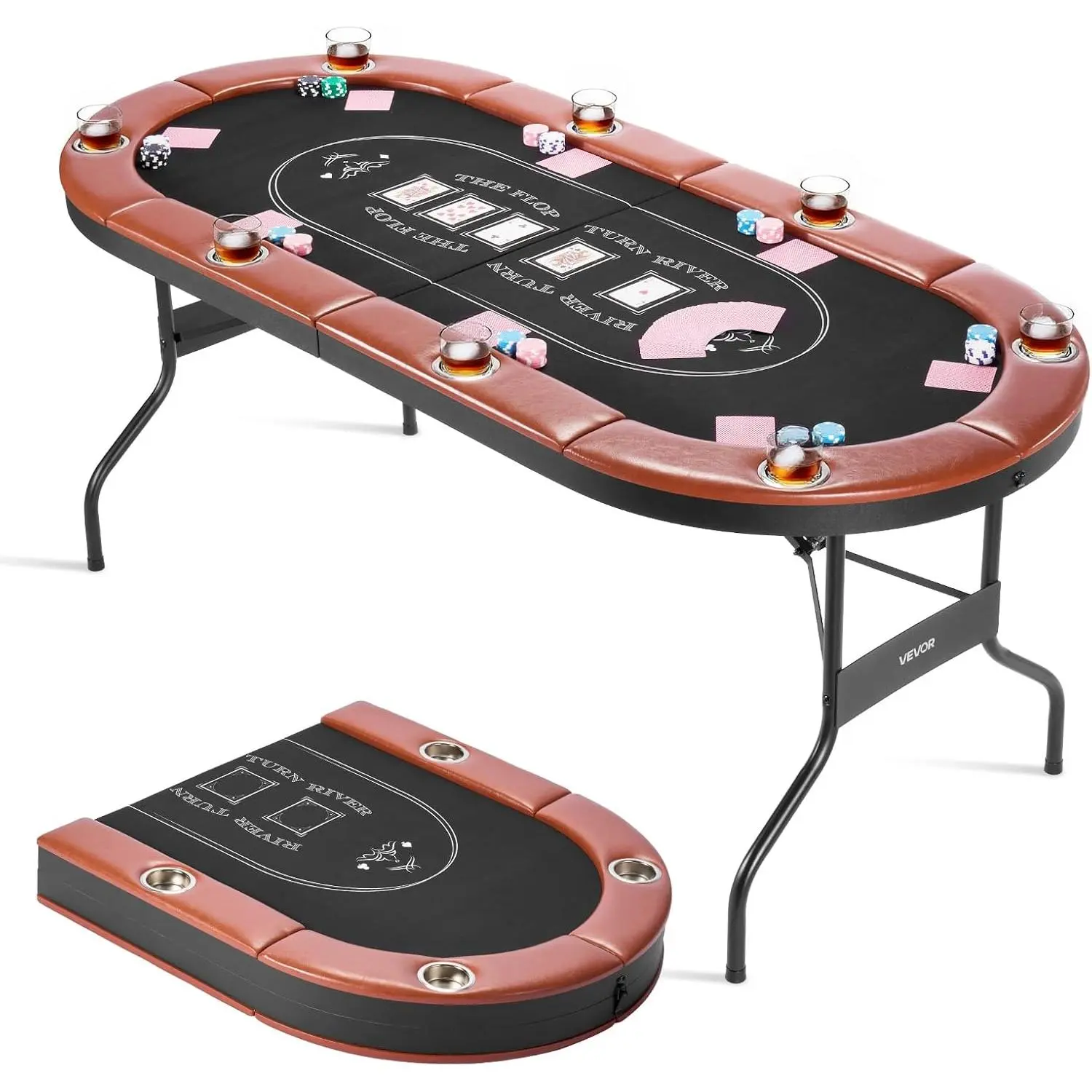 VEVOR Foldable Poker Table, 8 Player 72 in Folding Casino Leisure Table with Padded Rails and Cup Holders, Oval Portable Game Tables with Felt & Metal Legs, for Texas Hold'em Game and Blackjack