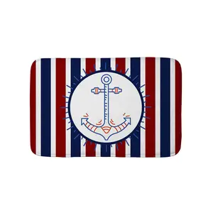 Nautical Anchor Print Bath Mat, Navy Blue Red Striped Non-Slip Floor Rug, Decorative Marine Carpet for Bathroom Shower, 1PC