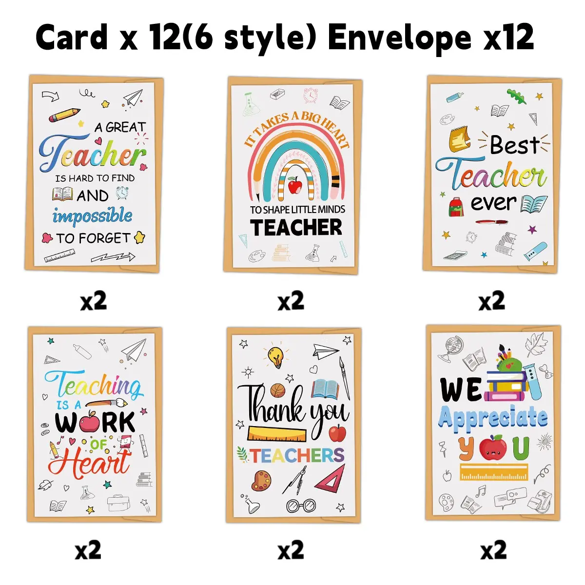 12-Pack Teacher Appreciation Cards with Envelopes, 6 Styles Inspirational Thank You Notes for Graduation Season, Back-to-School & Teacher's Day, Bulk Thank You Cards
