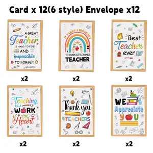 12 Pack Teacher Appreciation Cards with Envelopes, 6 Styles Inspirational Teacher Thank You Notes for the start of the school year, graduation season, back-to-school season and Teacher's Day. Appreciation Gift, Graduation Gift