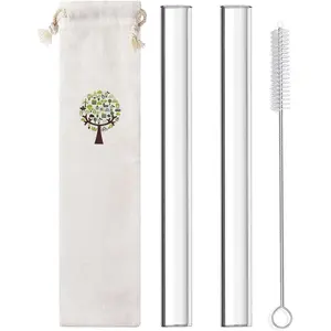 Glass Boba Straws, 14 mm x 9 inch   Clear Bubble  Straws for Smoothie, Tapioca Poping , Shakes, Pack 2 with Cleaning Brush and Case