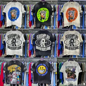 New ROUGHPLAY T-shirt American High Street Print Round Neck Short Sleeve Men Women Wash Old Hole Rough Play Tshirts