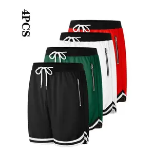 4-Pack Men's Casual Athletic Shorts, Breathable Polyester - Zippered Pockets, Elastic Waistband, Multicolor, Basketball and Athletic Wear, Machine Washable