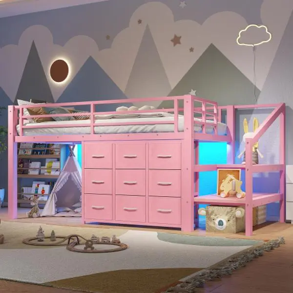 Bellemave  Twin Low Loft Bed with Multi-Storage Spaces, Including Fabric Drawers, Fabric Shelves Beside the Bed, Storage Stairs, Metal Loft Bed with Lights and Ample Under-bed Spaces