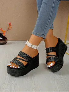 Women's Summer High Heel Slip-On Interlocking Sandals, PU Leather & Rubber Sole, Casual Style, Waterproof Thick Platform Shoes for All Seasons