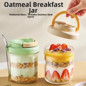 4 Pack Overnight Oats Containers with Lids and Spoons, 16oz Glass Wide Mouth Meal Prep Jars with Removable Compartments, Airtight and Leak Proof Storage for Yogurt, Chia Pudding, Oatmeal and Healthy Breakfast Prep
