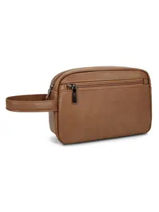 Men's PU Leather Toiletry Bag Dopp Kit, Water-Resistant Large Capacity Travel Shaving Bag, Wrist Strap & Front Zipper Pocket