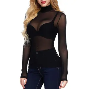 Stretchy Tight-Fitting Sheer Ultra-Thin Sexy Mesh Base Shirt Transparent Long Sleeve T-Shirt for Women,Sexy ultra-thin mesh high elasticity tight fitting long sleeved half high neck base shirt