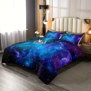 3pcs Galaxy Bedding Set, Deep Blue Starry Sky Outer Space Bedding, Soft Flannel Comforter Cover & Pillowcases, Bedroom Decor Gift