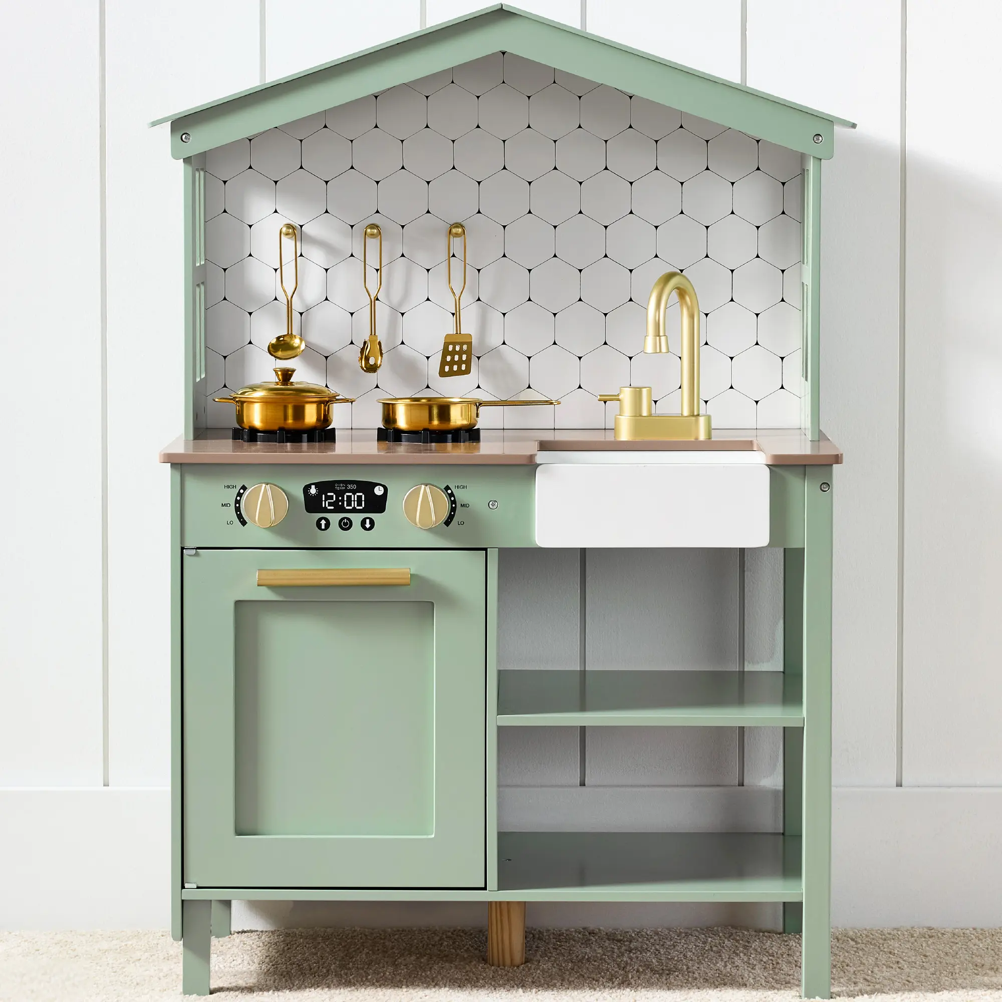 Best Choice Products Pretend Play Wooden Farmhouse Kitchen Set w/ Storage, Clicking Knobs, 5 Accessories