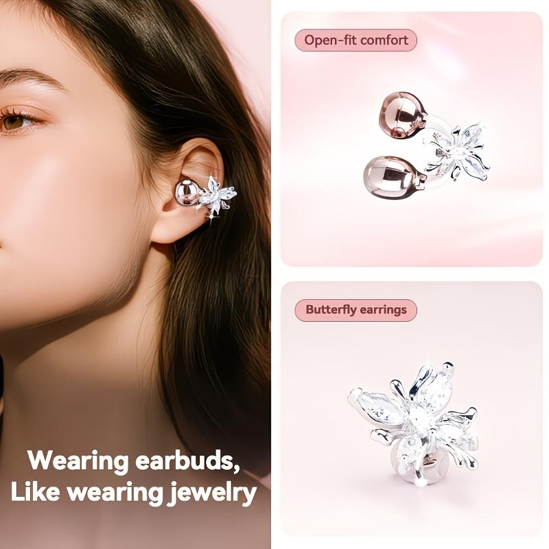 Open Ear Wireless Earbuds, Women's Handbag Earphones with Butterfly Earrings, Lightweight Clip On Earbuds, Fast Charging Case, Noise Cancelling Mic for Running Gym Workout - Gifts for Girlfriend, Mother, Daughter, Suitable Gifts for Valentine's Day