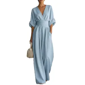 2026 Spring Summer Women's Elegant V-Neck Waisted Jumpsuit