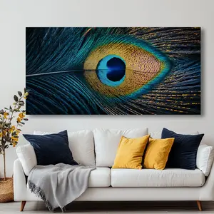 Gorgeous Peacock Feathers Canvas Wall Art - Modern Abstract Blue Yellow Feathers, Solid Wood Wrap Frame Decor for Living Room, Bedroom or Kitchen, High Quality Durable Canvas Print Bird Decor