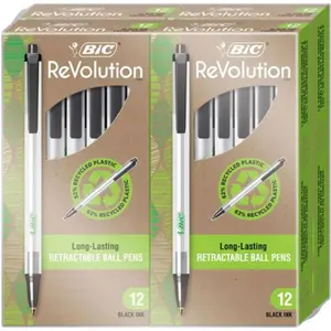 BIC ReVolution Clic Stic Plastic Retractable Ballpoint Pen - Black Ink, Sleek Design, Effortless Writing, Pack of 48 - for Office Use, Drawing