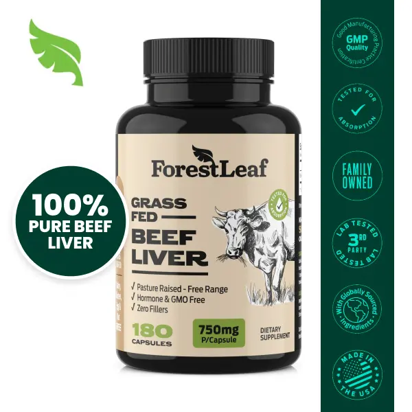 ForestLeaf Grass Fed Beef Liver Capsules, 3000mg Per Serving, Natural Heme Iron, Vitamin A, B12, CoQ10, Freeze Dried-High Absorption Formula-180 Caps