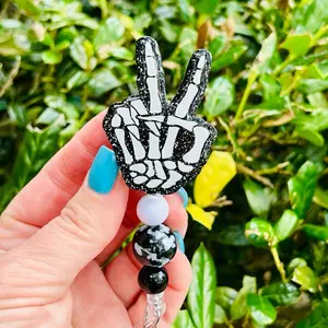 Peace Skeleton Hand Retractable Badge Reel - Black and White Design with Velcro Attachment for ID Display