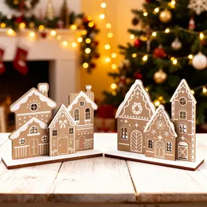 Christmas Decoration Wooden Gingerbread House Set, 6 Mini Houses & 2 Bases, DIY Farmhouse Holiday Display, Rustic Christmas Table Decor