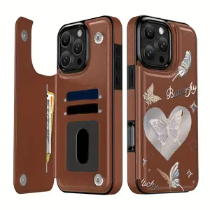 A Creative and Beautiful Silver Butterfly Pattern Leather Card Holder Phone Case,Suitable for iPhone 17 Air/16 Plus/15 Pro Max/14 Pro/13/12/11/XS Max/X Phone Case,Ideal Gift for Thanksgiving and Christmas for Family, Friends, Lovers, Boyfriend, Girlfriend