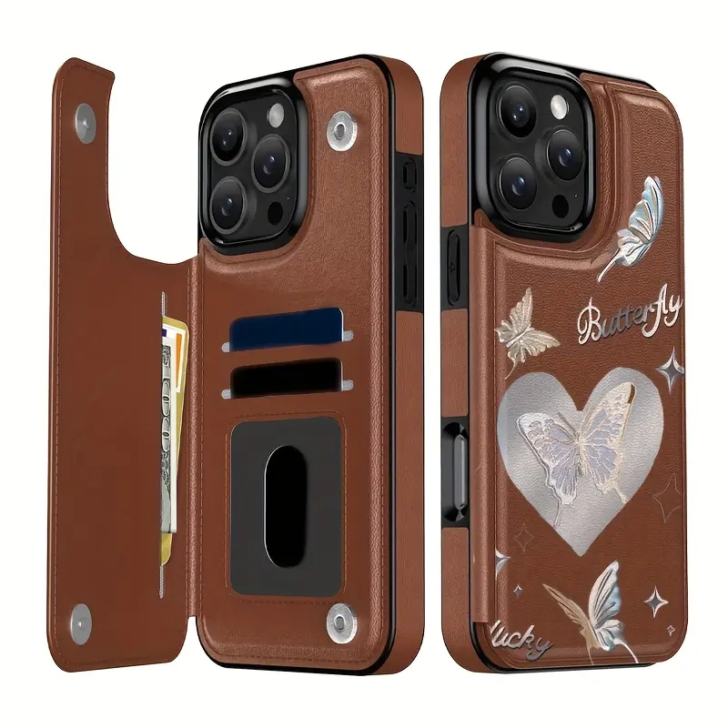 A Creative and Beautiful Silver Butterfly Pattern Leather Card Holder Phone Case,Suitable for iPhone 17 Air/16 Plus/15 Pro Max/14 Pro/13/12/11/XS Max/X Phone Case,Ideal Gift for Thanksgiving and Christmas for Family, Friends, Lovers, Boyfriend, Girlfriend