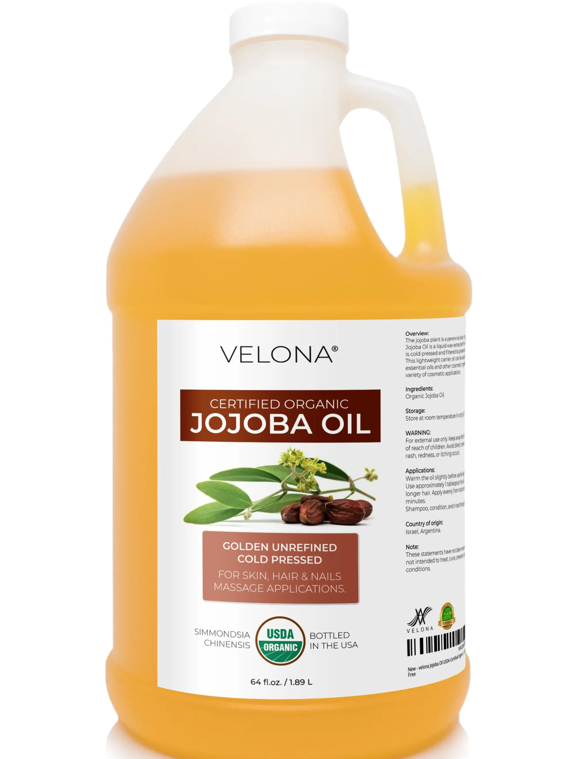 velona Jojoba Oil USDA Certified Organic - 64 Fl Oz | 100% Pure and Natural | Golden, Unrefined, Cold Pressed, Hexane Free