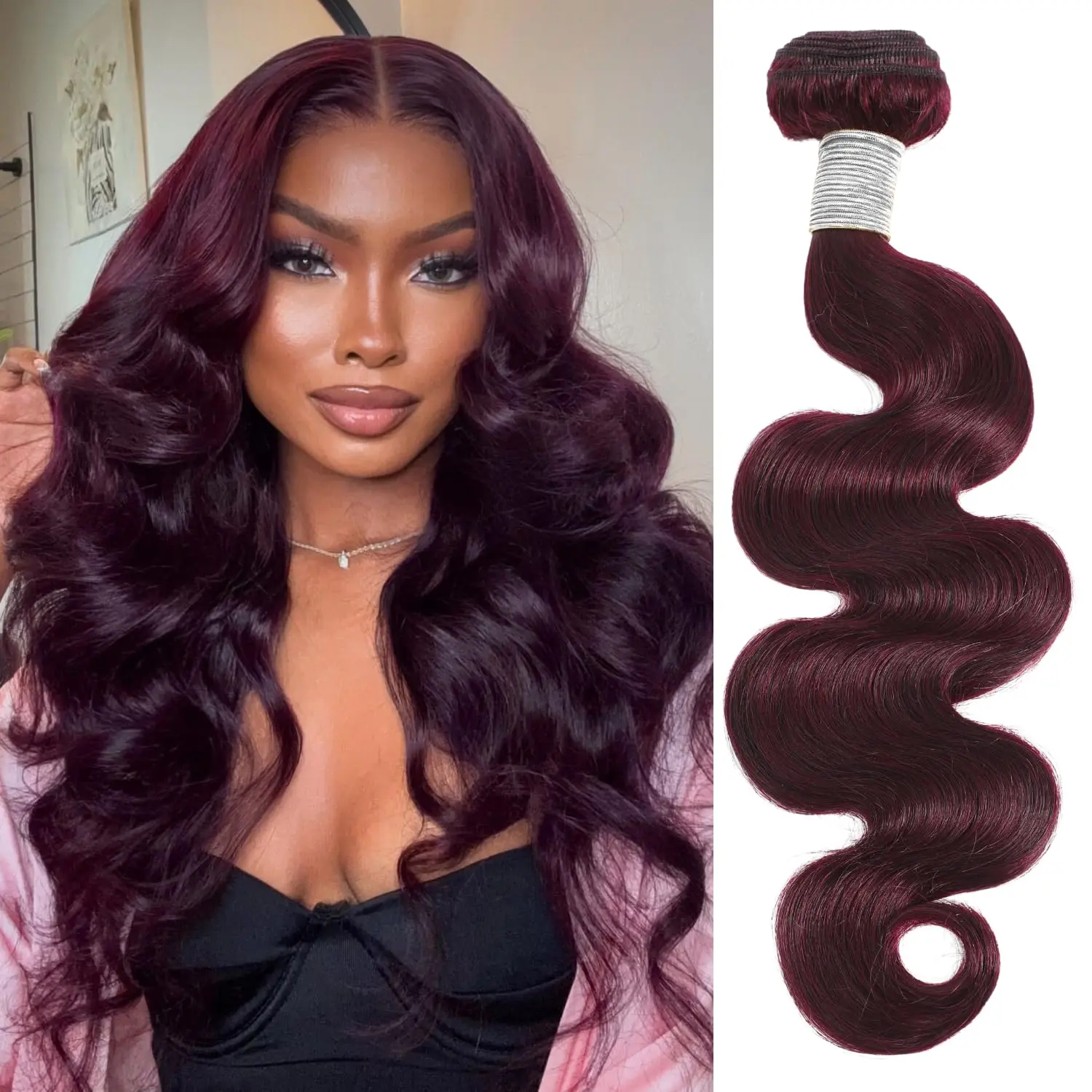 ANMETAN 99j Color Human Hair Bundles Body Wave, 12A Burgundy Wine Red Dark Purple Colored Human Hair, 100% Unprocessed Virgin Remy Hair Soft Thick Single Bundle, 2 Bundles, 3 Bundles