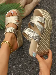 Women's Gold Chunky Platform Wedge Sandals, Higher Platform Sandals, Braided Criss-Cross Straps Cut-Out Design, Square Toe Open Toe Slip-On Boho, Grooved Texture Sole, Anti-Slip Wavy Bottom, 9cm Heel Height, Palm Leaf, Beach Poolside Vacation