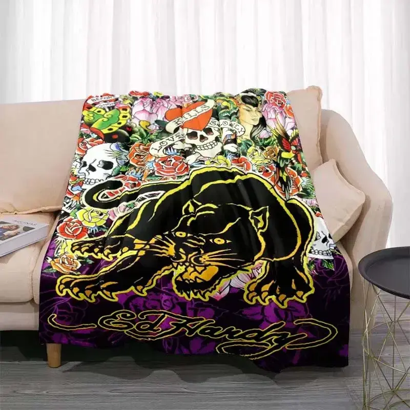 Tattoo Tiger Skull Motif Bold Print Flannel Fabric Blanket - Multi-Size, Soft Texture, Comfortable, Warm Home Textile Throw for Living Room, Bedroom Sofa, Room Decor, House Decor