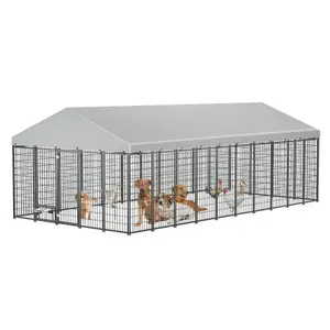 Large Dog Kennel Outdoor Pet Pens Dogs Run Enclosure Animal Hutch Metal Coop Fence with Roof Cover.