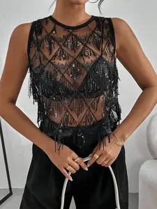 Women's Stylish Transparent Sequin Tank Top, Elegant Round Neck Design for Fashion Forward Ladies, Perfect for Parties and Casual Outings, Fitted