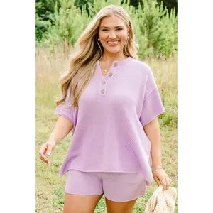Chic Soul Women's Lightweight Soft Casual Cotton Knit Shortsleeve Elastic "Love Me Off In Paradise" Sweater Set, Lilac, Women's Clothing Sets