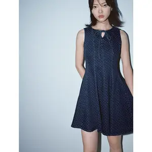 URBAN REVIVO 2026 Spring Women's Casual Elegant Tie Waist Polka Dot Denim Crew Neck Dress UYY860095