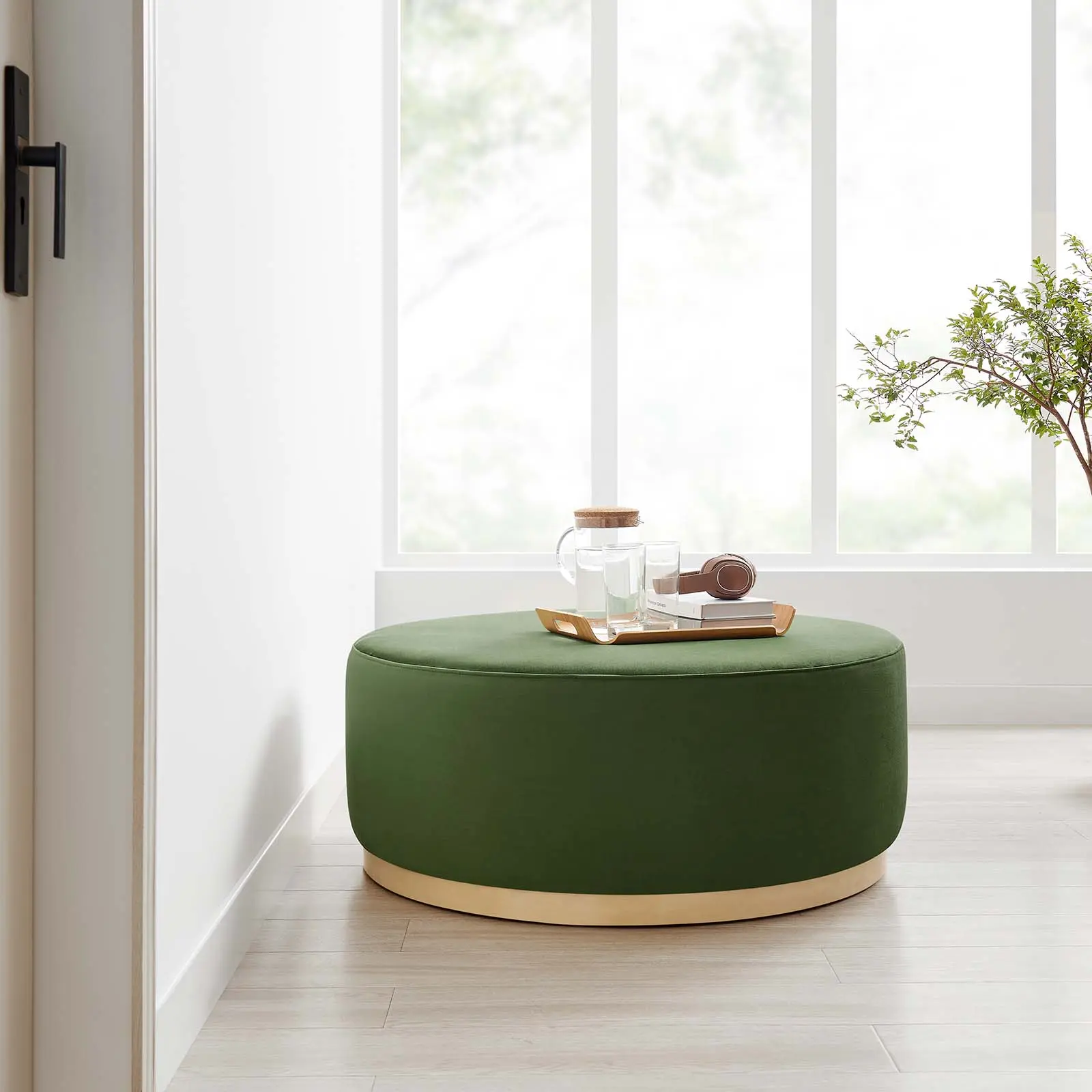 Modway Tilden Large 38" Round Performance Velvet Upholstered Ottoman Footstool, Moss Green Natural, Foot Rest Stool, Foam