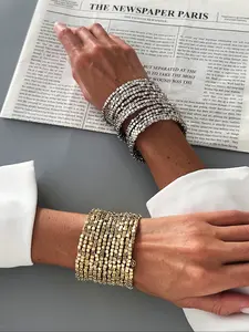 Fashion Shiny Square Ccb Beaded Wide Bracelet, Geometric Multi-Layered Stackable Wristband for Women, Street Style All Seasons Jewelry, Stackable Bracelets
