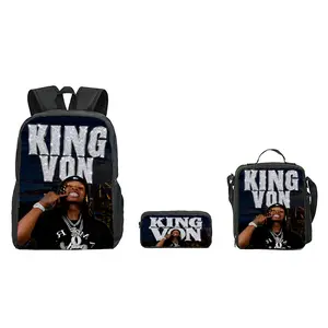 3Pcs Set King Von Backpack School Travel Casual Daily Student Laptop Bag Pencil Case Lunch Bag Set Lightweight Comfortable For Teen Boys Girls Rapper Fans Bookbag College Schoolbag Travel Daypack Gift