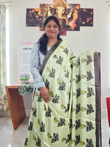 Celadon Sage Elegance Ajrakh Print Soft Satin Modal Saree with Mocha Brown Border | Blouse Piece Included