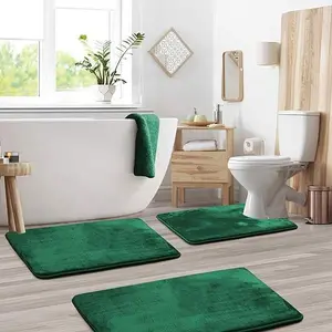 3 Piece Bathroom Rugs Bath Mat Set, Velvet Memory Foam Bath Mats for Bathroom - Non-Slip, PVC Backing Bath Rugs, Washable Bathroom Rug Mats - Dries Quickly, Green Bathroom Rug Set Shower Decor
