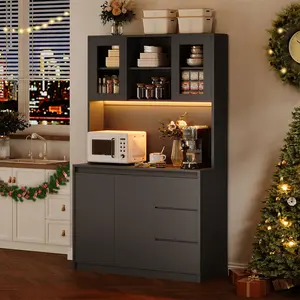 【Christmas Gift】Black Kitchen Pantry Cabinet with Charging Station, Tall Storage Cabinet with Countertop and LED Lights, Pantry with Drawers and Glass Doors