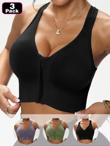 3Pack Women's Cross Back Wireless Sports Bra Set, Front Zipper, Medium Support, Plunge Cup, Fitted, All Seasons, Running Workout Bras, Ideal for Yoga and Gym Workout