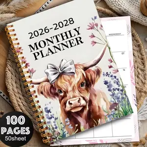 1. A 3-year plan book for 2026-2028 - flower cow design, Highland cow, weekly and monthly layout, spiral-bound plan book notebook, Planner Notebook, suitable for offices, schools - Durable paper organizer, school supplies, functional diary, office